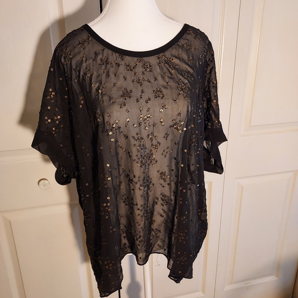 Eileen Fisher Sheer Oversized Black Silk Tee With Bronze Sequins